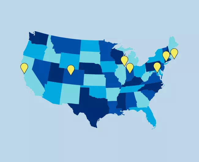 The US map with yellow markers to signify the locations of Colorectal Cancer Alliance signature events.