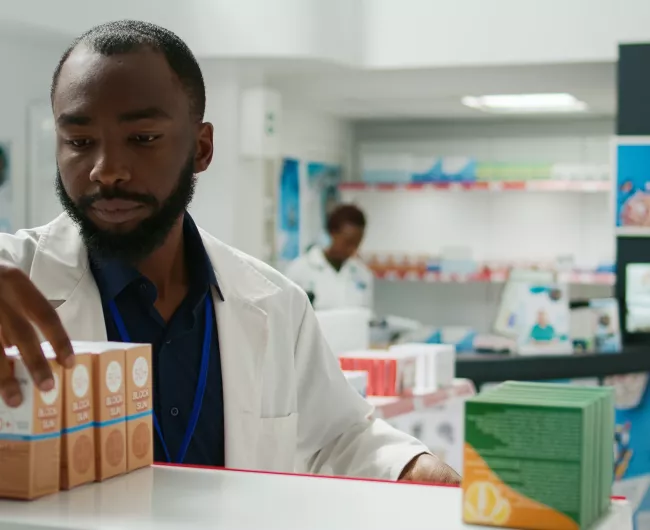 black male pharmacist reads drug label